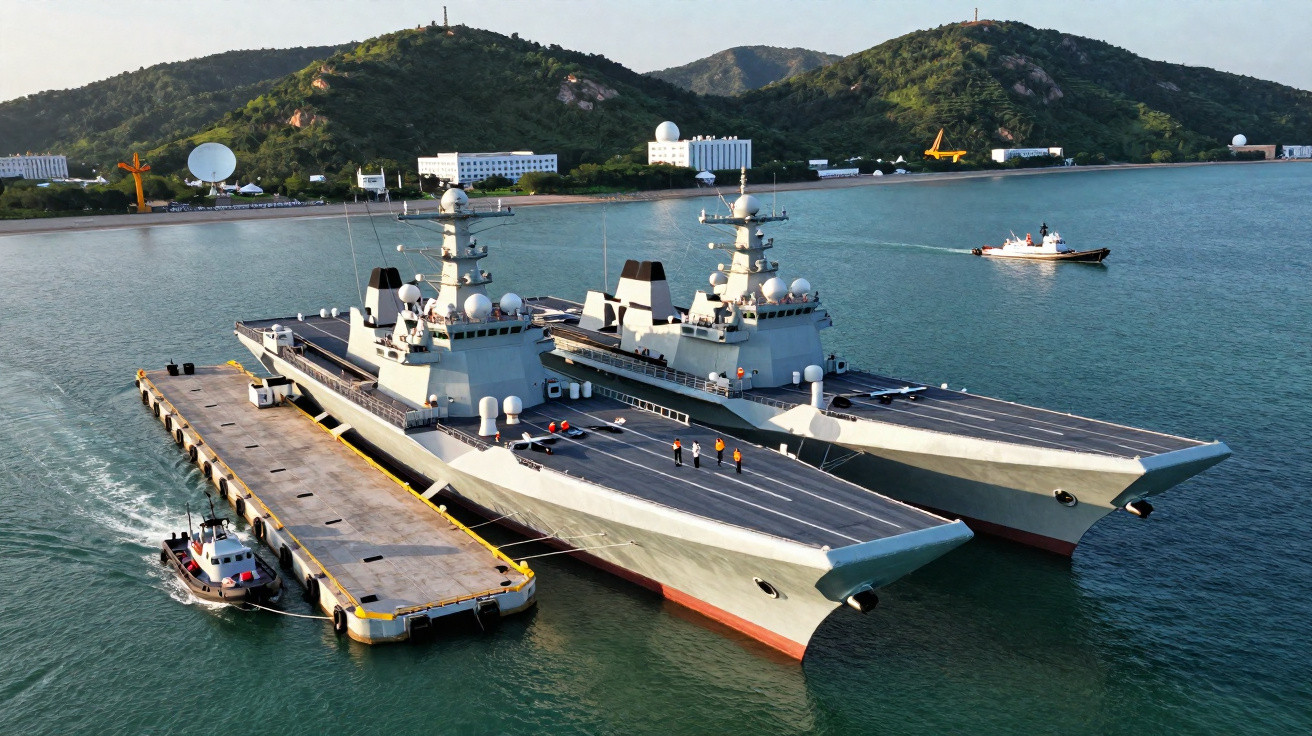 Dois navios militares modernos atracados lado a lado em um píer com colinas ao fundo.