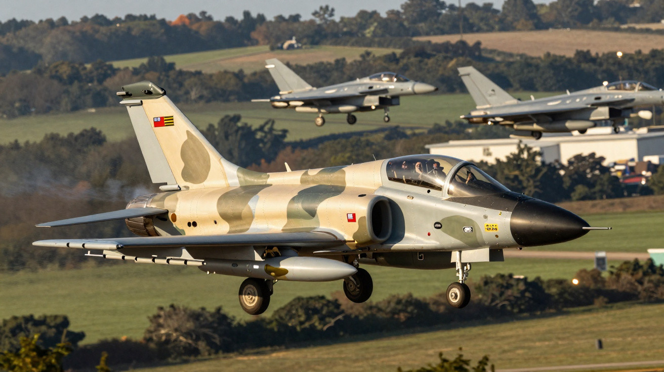Avião militar de caça camuflado em voo baixo com outros dois jatos ao fundo sobre área rural.
