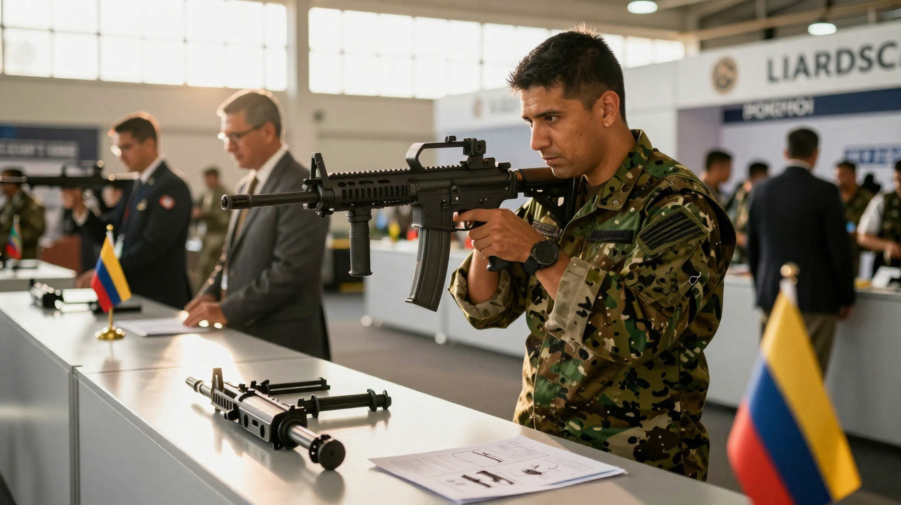 Soldado com farda camuflada manuseia rifle em estande de exposição com bandeira da Colômbia ao lado.