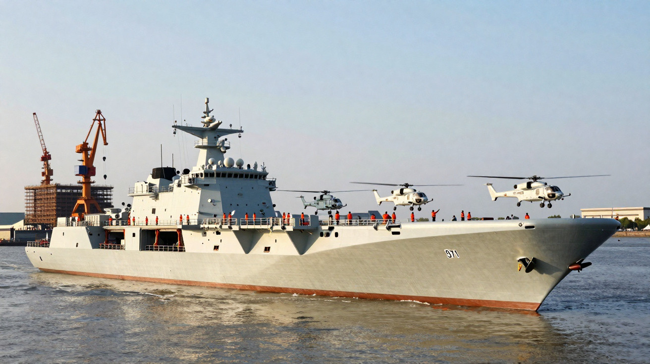 Navio de guerra cinza com três helicópteros voando sobre o convés em área portuária.