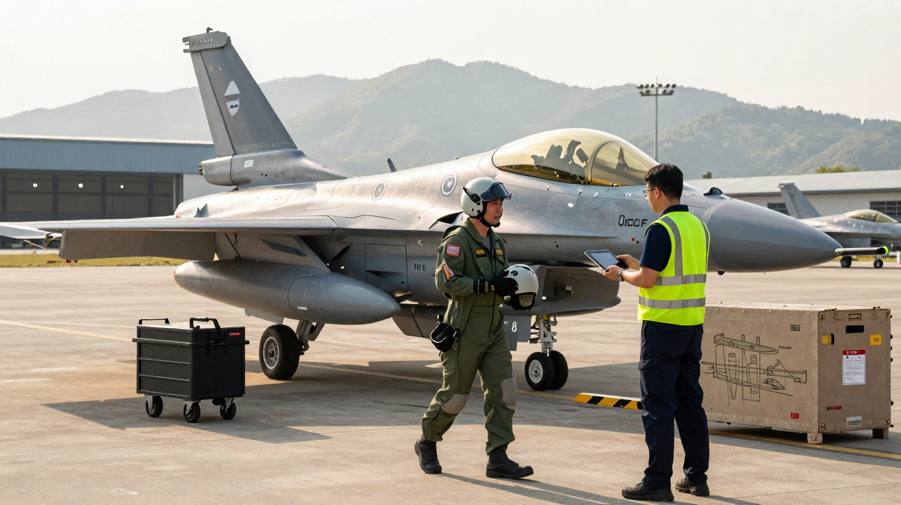 Piloto em traje de voo conversa com técnico em colete refletivo próximo a caça F-16 estacionado em pista de aeroporto militar