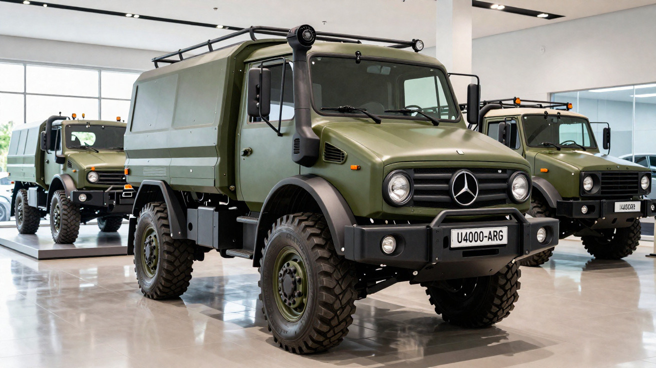 Três caminhonetes militares verdes Mercedes-Benz U4000 exibidas em ambiente interno iluminado.