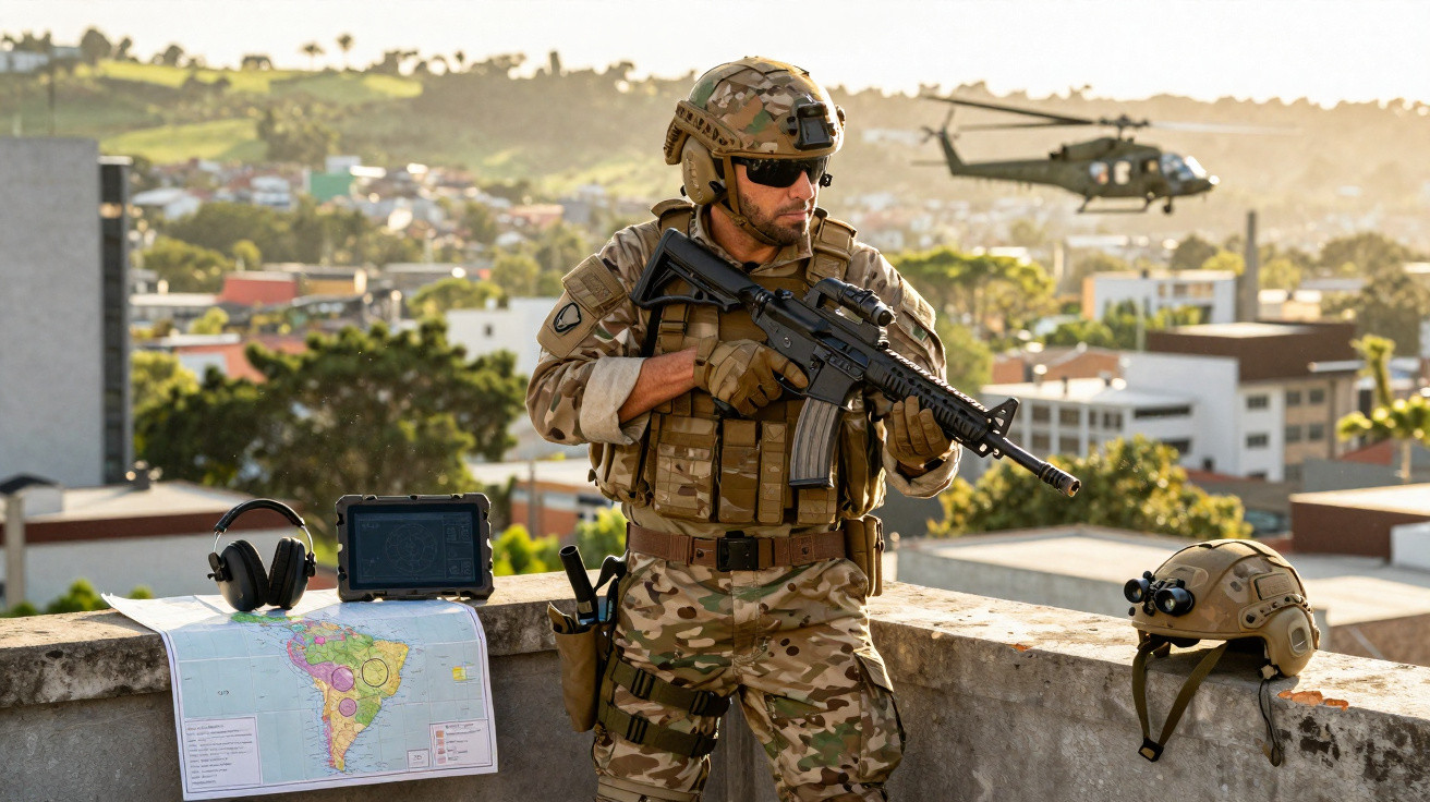 Soldado em uniforme camuflado com rifle em área elevada, com mapa, rádio e helicóptero ao fundo.