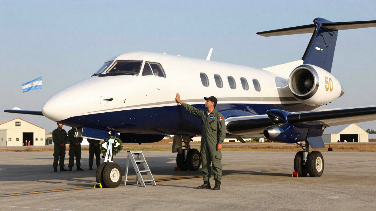 Avião militar branco e azul no pátio com piloto em uniforme verde tocando a fuselagem em dia ensolarado.