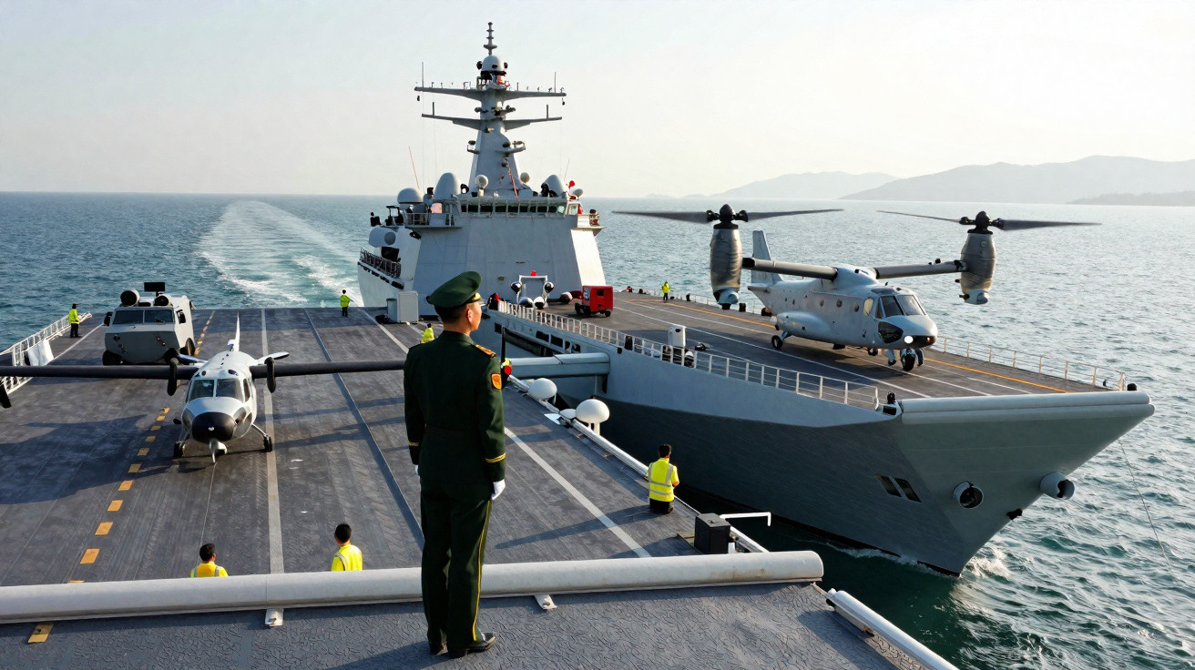 Navio militar com aviões e helicóptero no convés, visto pelo soldado em uniforme verde.