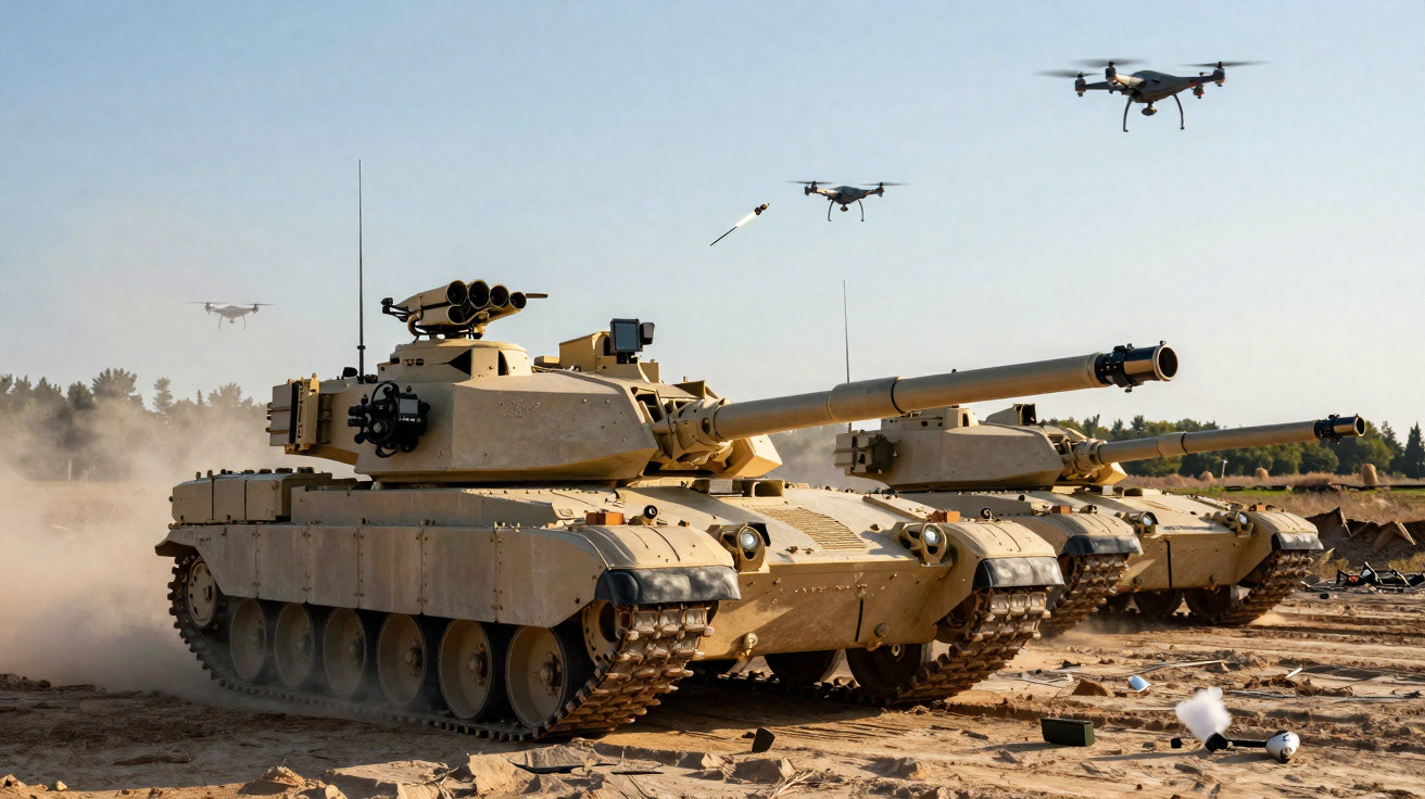 Tanques de guerra em operação com drones lançando mísseis em terreno desértico.