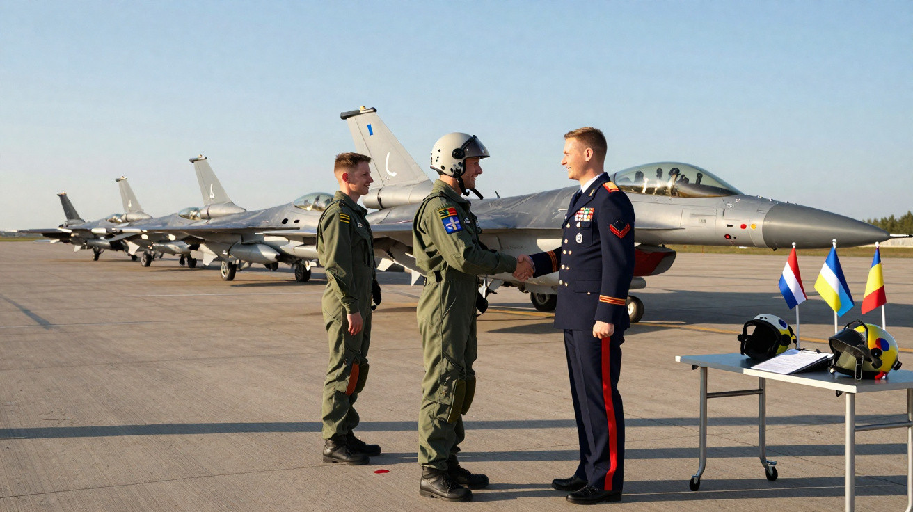 Dois pilotos militares se cumprimentam em pista com jatos de caça F-16 ao fundo e bandeiras da Holanda, Ucrânia e Romênia.