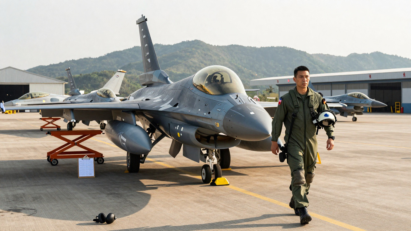 Piloto militar caminha ao lado de jato de combate estacionado em pista com montanhas ao fundo.