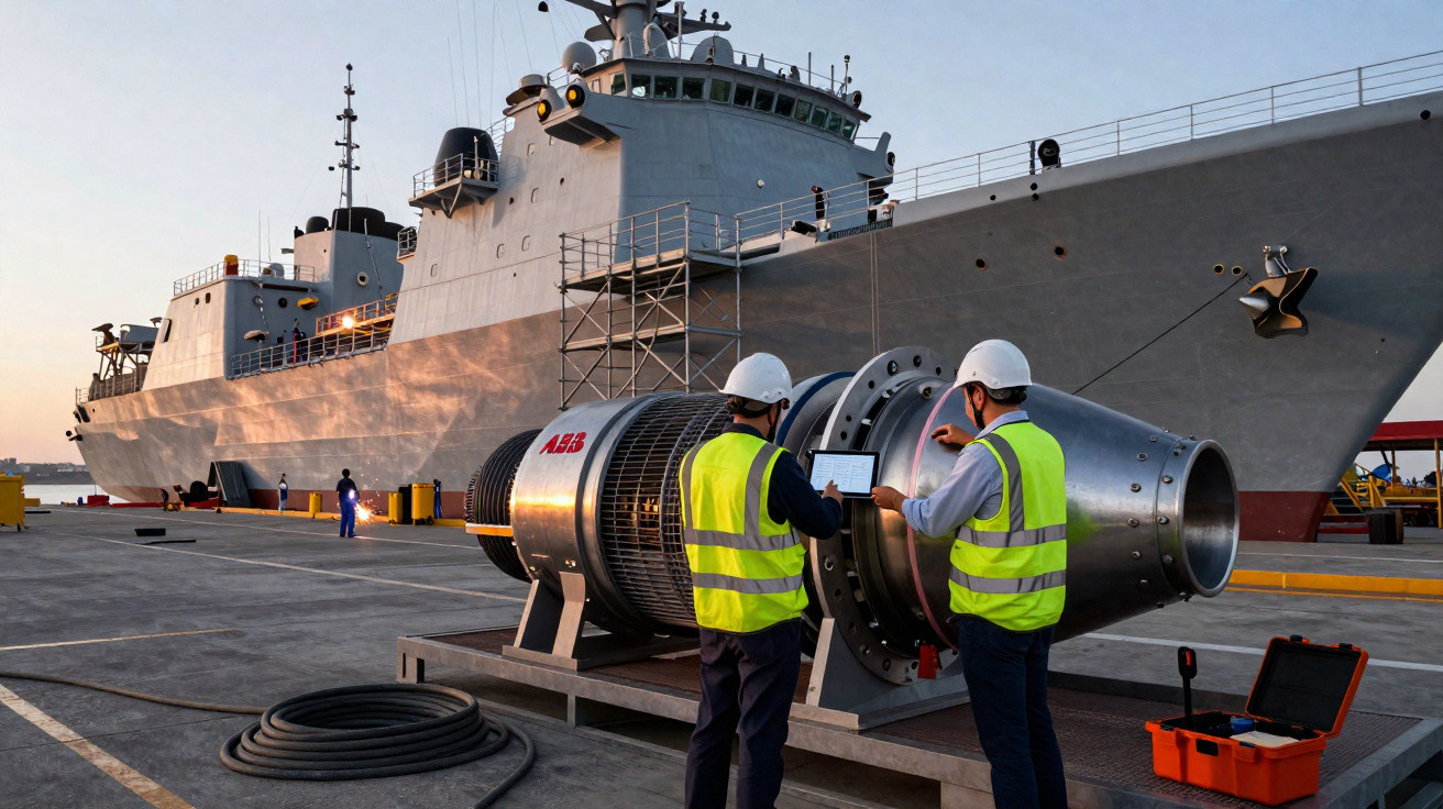Dois trabalhadores com coletes e capacetes analisam motor industrial próximo a navio militar atracado no cais ao pôr do sol.