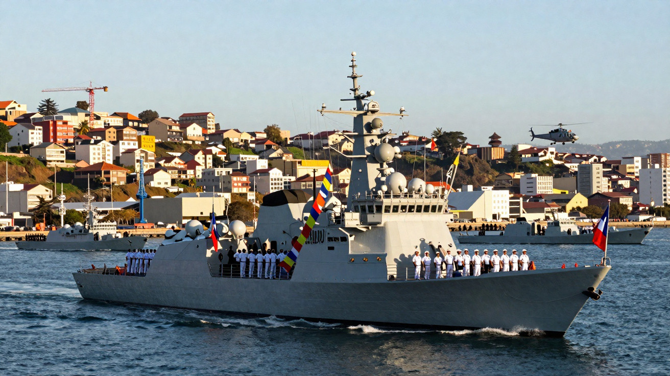 Navio militar cinza com tripulação uniformizada na proa, bandeira e prédio colorido ao fundo em dia ensolarado.