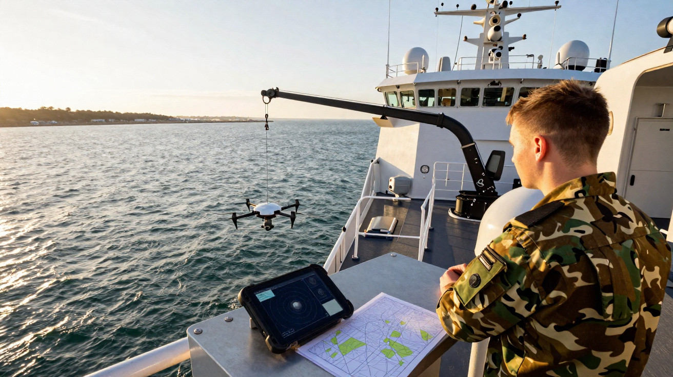 Militar em uniforme camuflado lança drone a partir de embarcação no mar durante o dia.