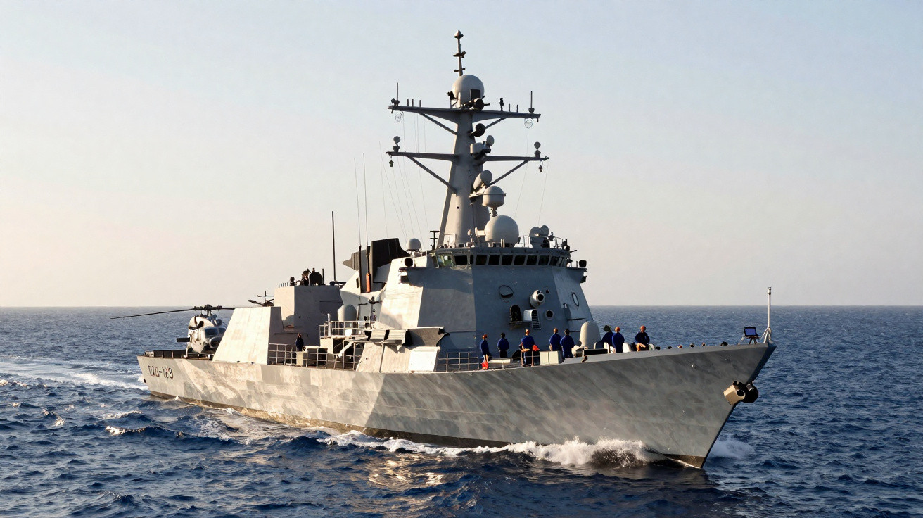 Navio militar cinza navegando em mar calmo com tripulação visível no convés durante o dia claro.