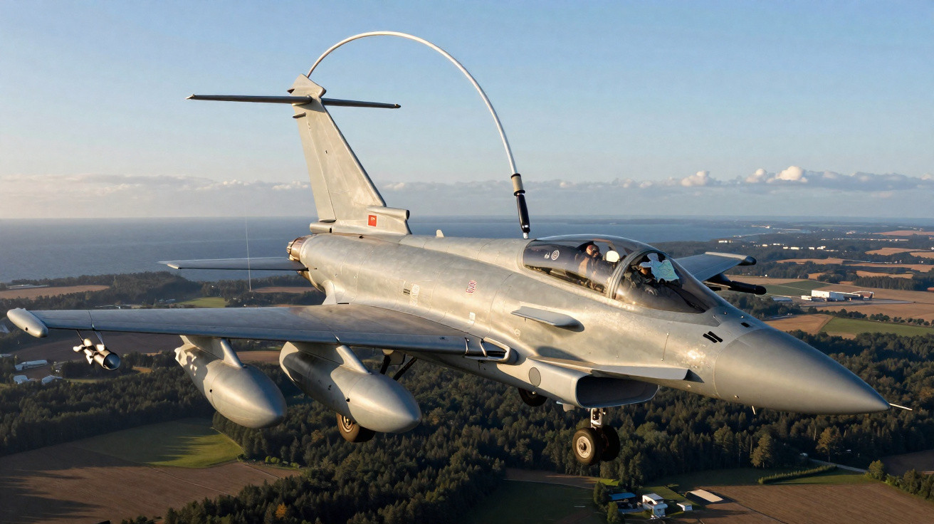 Caça militar em voo baixo sobre área rural com piloto visível na cabine sob céu claro.