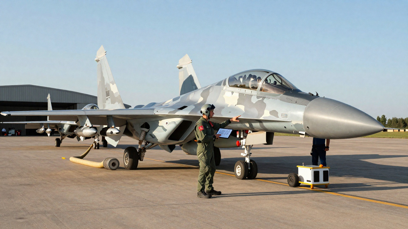 Caça militar cinza camuflado estacionado em pista, com dois técnicos em uniforme preparando aeronave.