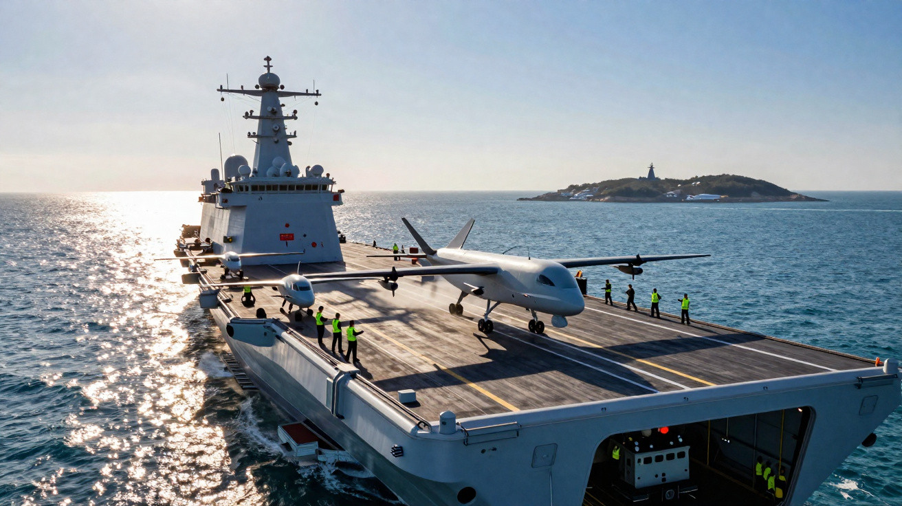 Porta-aviões com drone e tripulação em coletes amarelos navegando próximo a uma ilha.