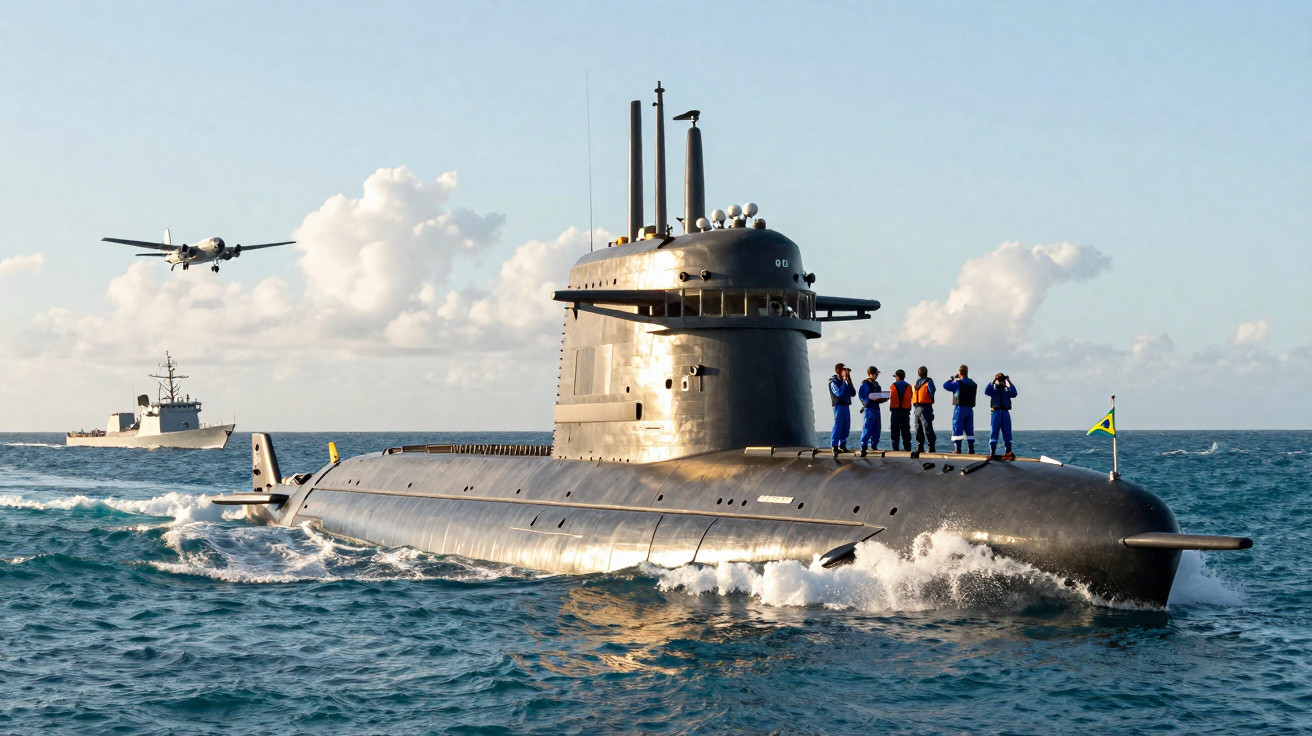 Submarino com tripulantes e bandeira do Brasil navegando no mar, com navio e avião ao fundo.