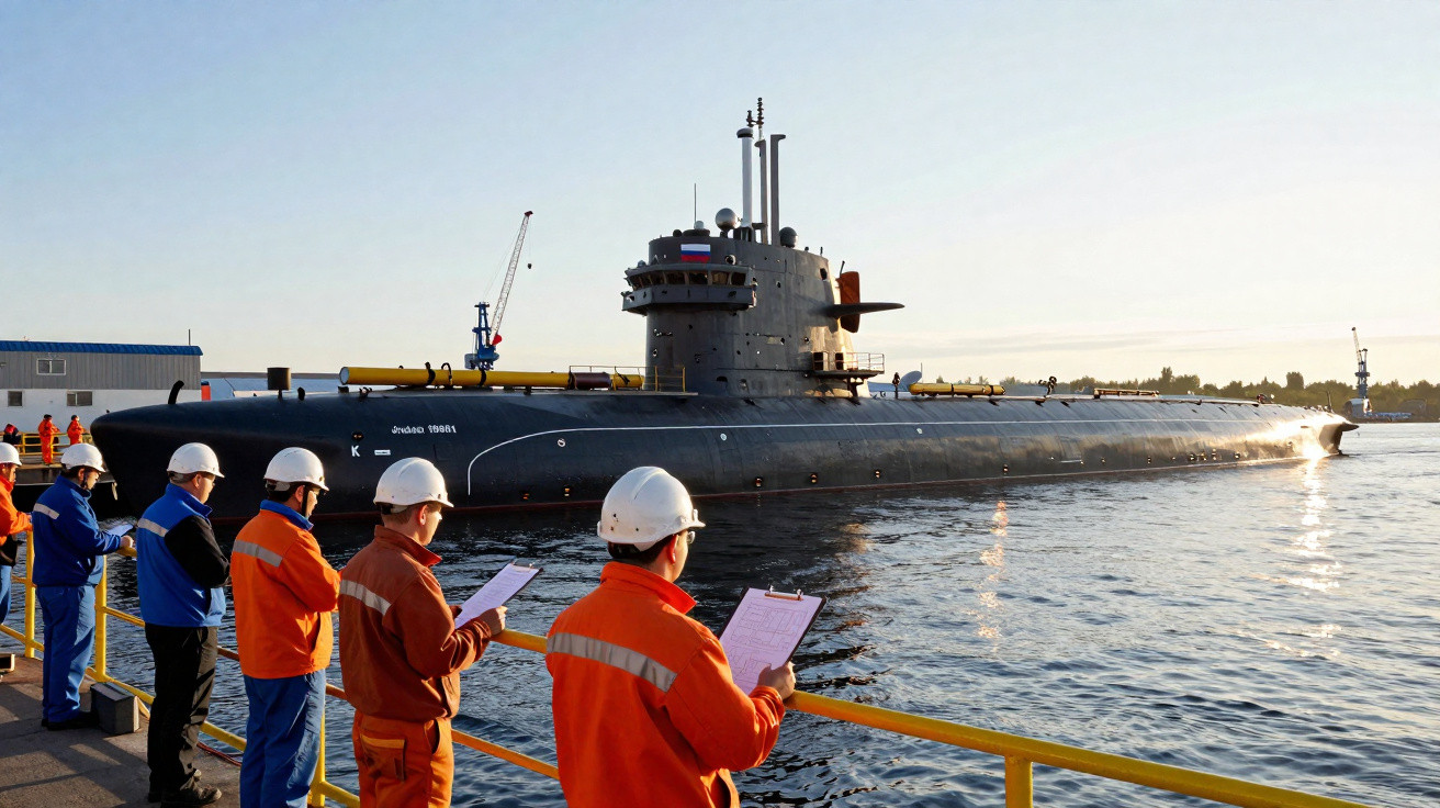 Homens com capacetes e jalecos observam e anotam enquanto submarino preto está ancorado no cais ao pôr do sol.
