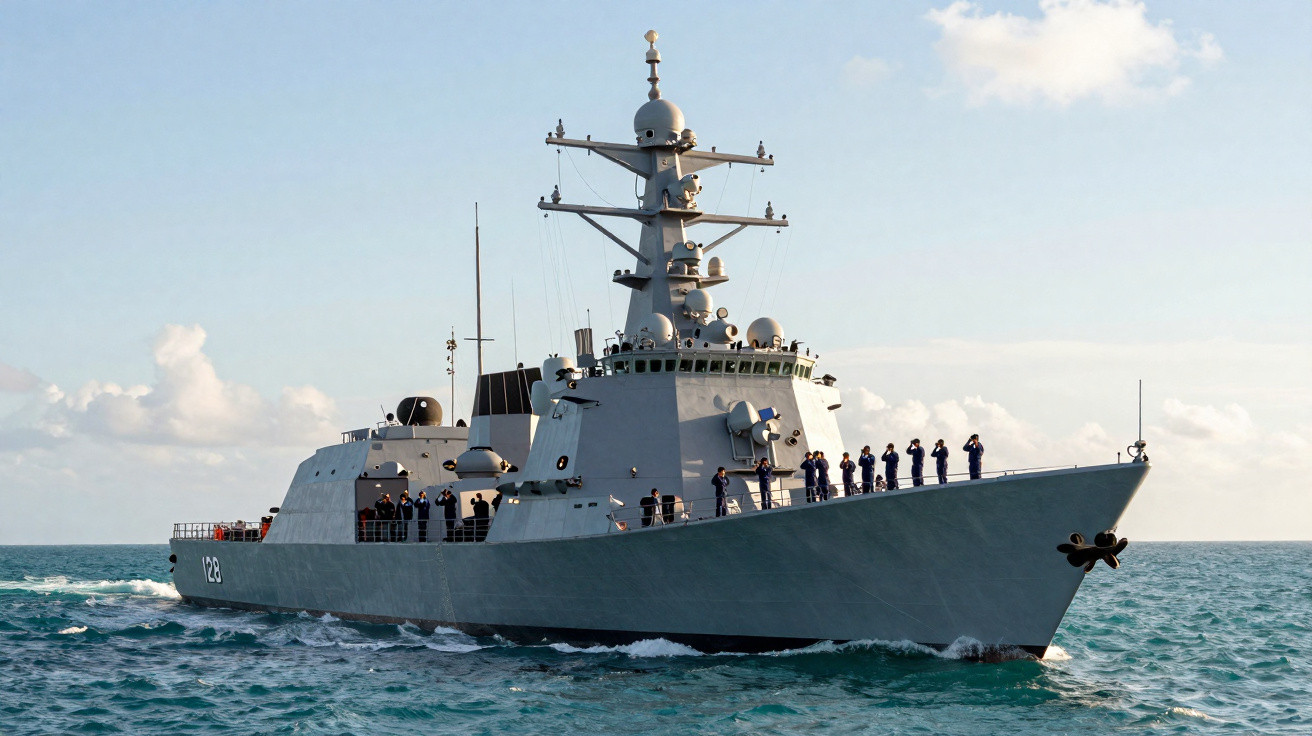 Navio de guerra cinza com tripulação alinhada no convés navegando em mar calmo sob céu claro.