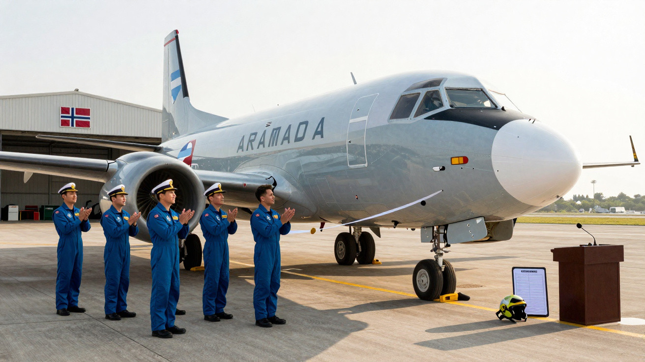Seis homens em uniforme azul ao lado de avião militar cinza estacionado em pista com hangar ao fundo.
