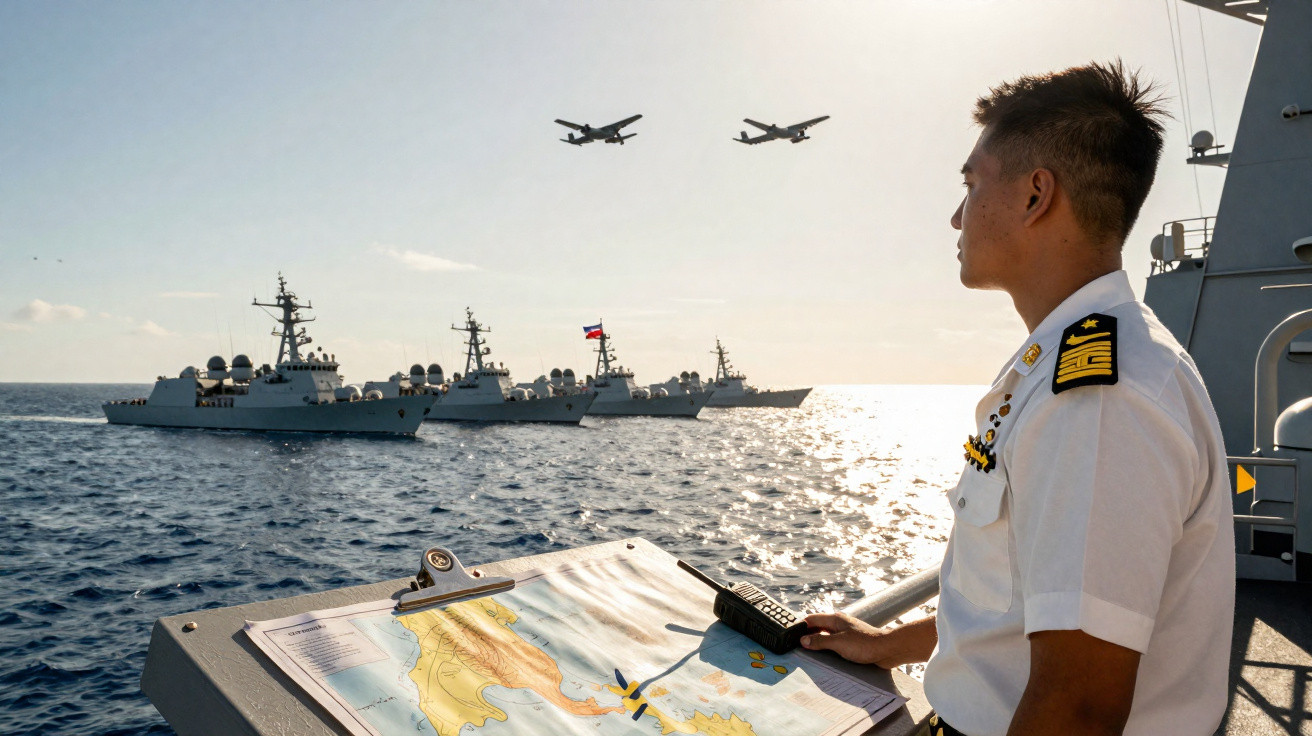 Oficial naval observa navios de guerra no mar com mapa e rádio à frente ao pôr do sol.