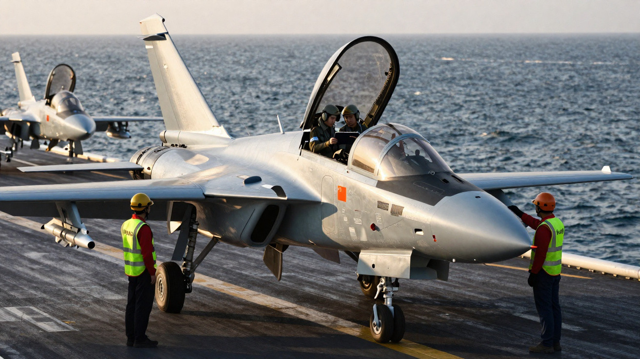 Caças militares em convés de porta-aviões com tripulação preparando aeronave para decolagem no mar.