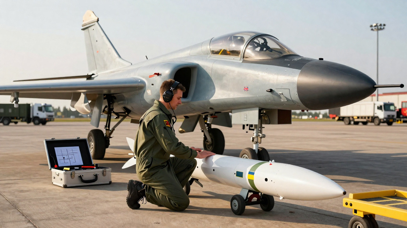 Militar em uniforme verifica equipamento próximo a caça militar estacionado em pista de aeroporto.