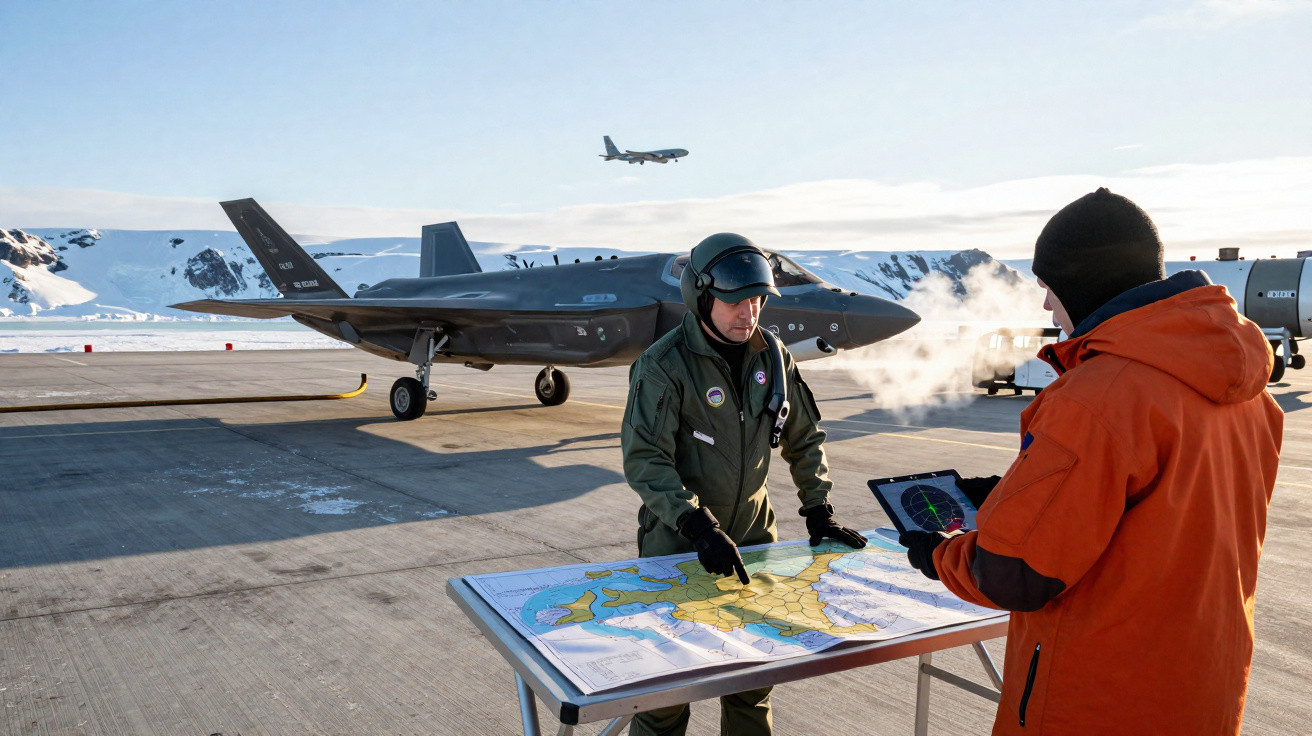 Dois homens analisam mapa em mesa no aeroporto com avião militar F-35 e outro avião pousando ao fundo.