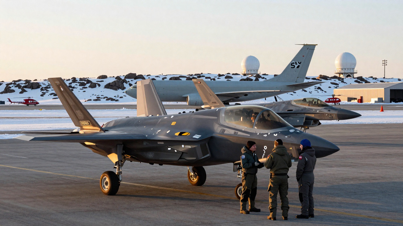 Caças militares estacionados em pista de aeroporto com neve, e três pessoas conversando próximas.