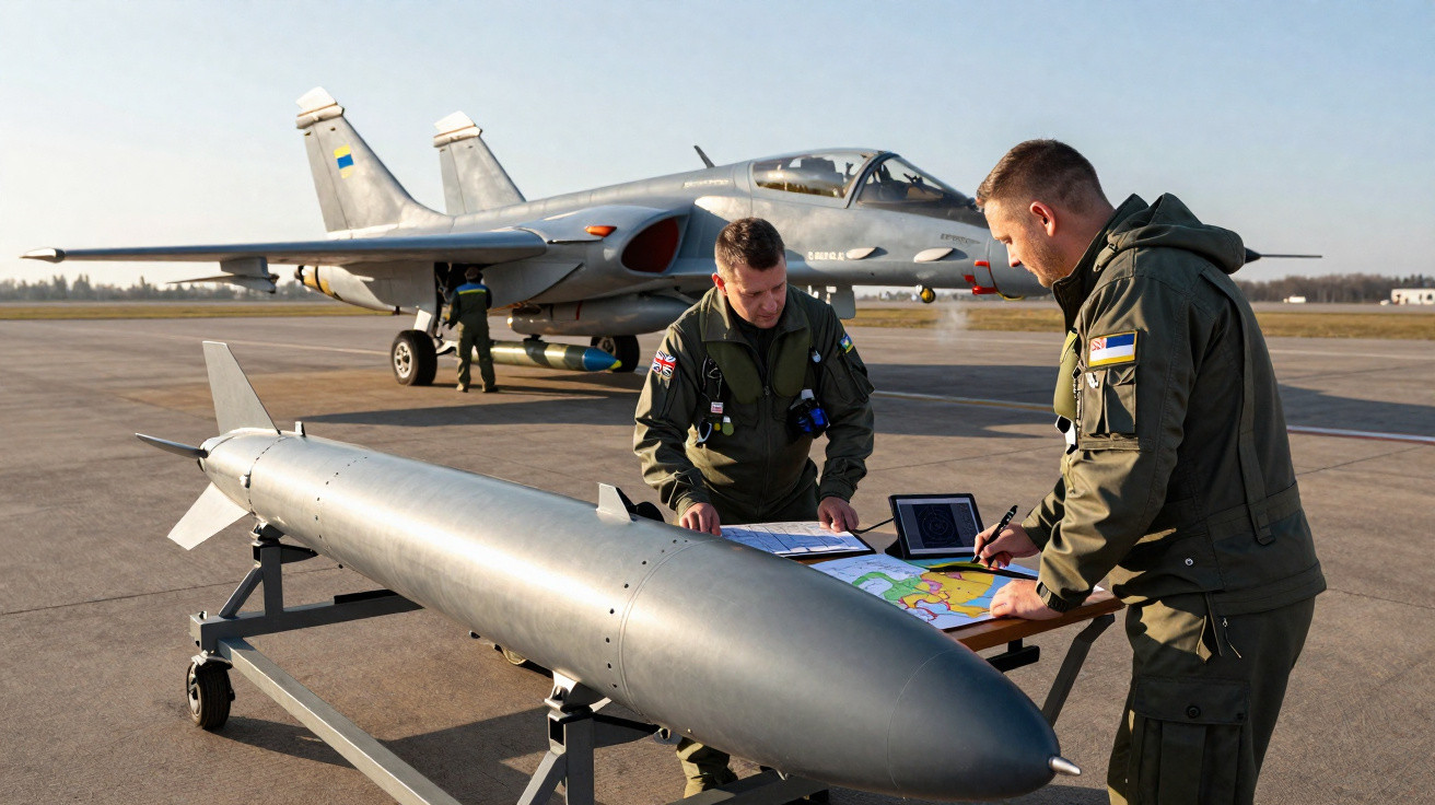 Dois militares analisam mapas junto a um míssil em suporte móvel, com um caça ao fundo em pista de aeroporto.