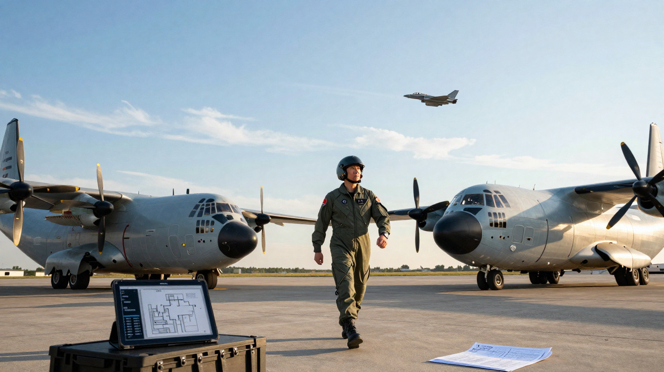 Piloto militar caminhando entre duas aeronaves de transporte tático no pátio de um aeroporto, com jato sobrevoando.