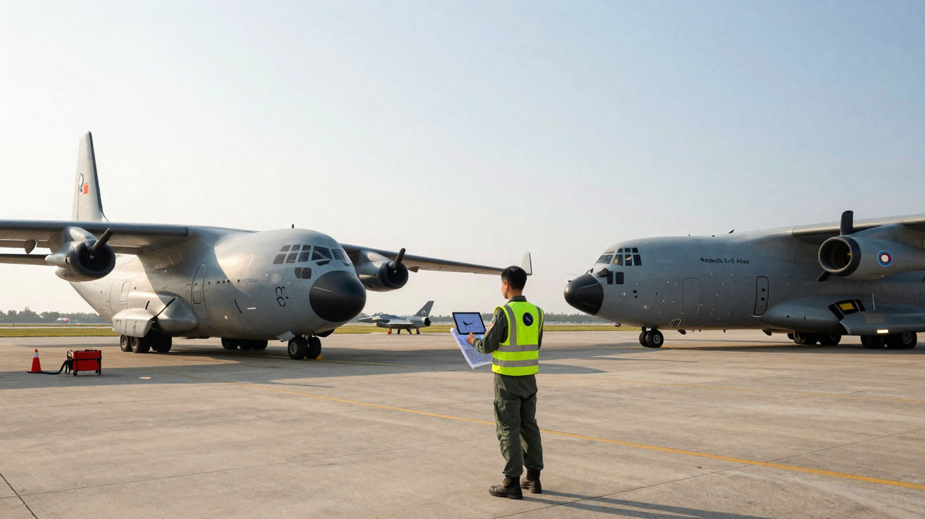 Homem com colete refletivo observa dois aviões de carga militar estacionados em pista aérea sob céu claro.