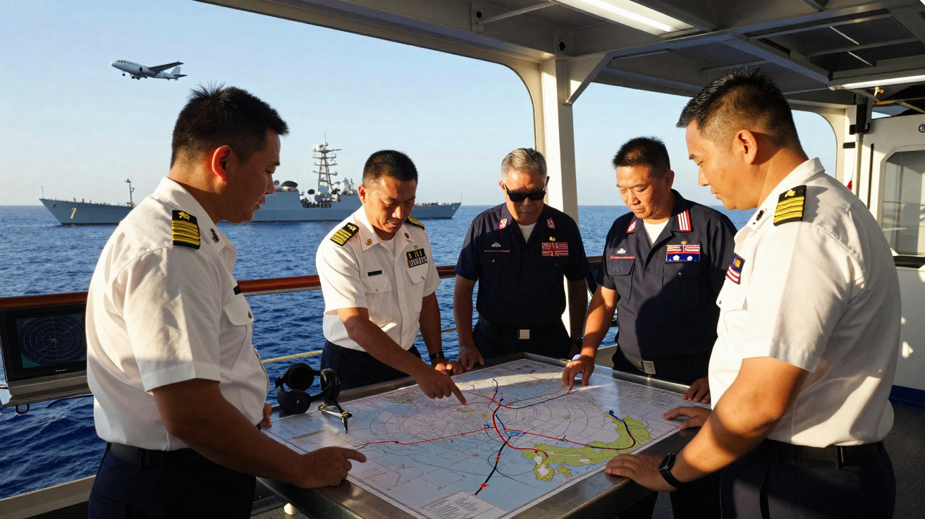 Cinco oficiais navais analisam mapa a bordo de navio, com guerra naval e avião no fundo marítimo.