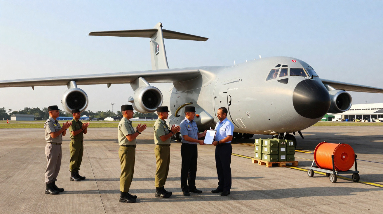 Militares em uniforme posam em cerimônia de entrega de documento em frente a avião militar estacionado.