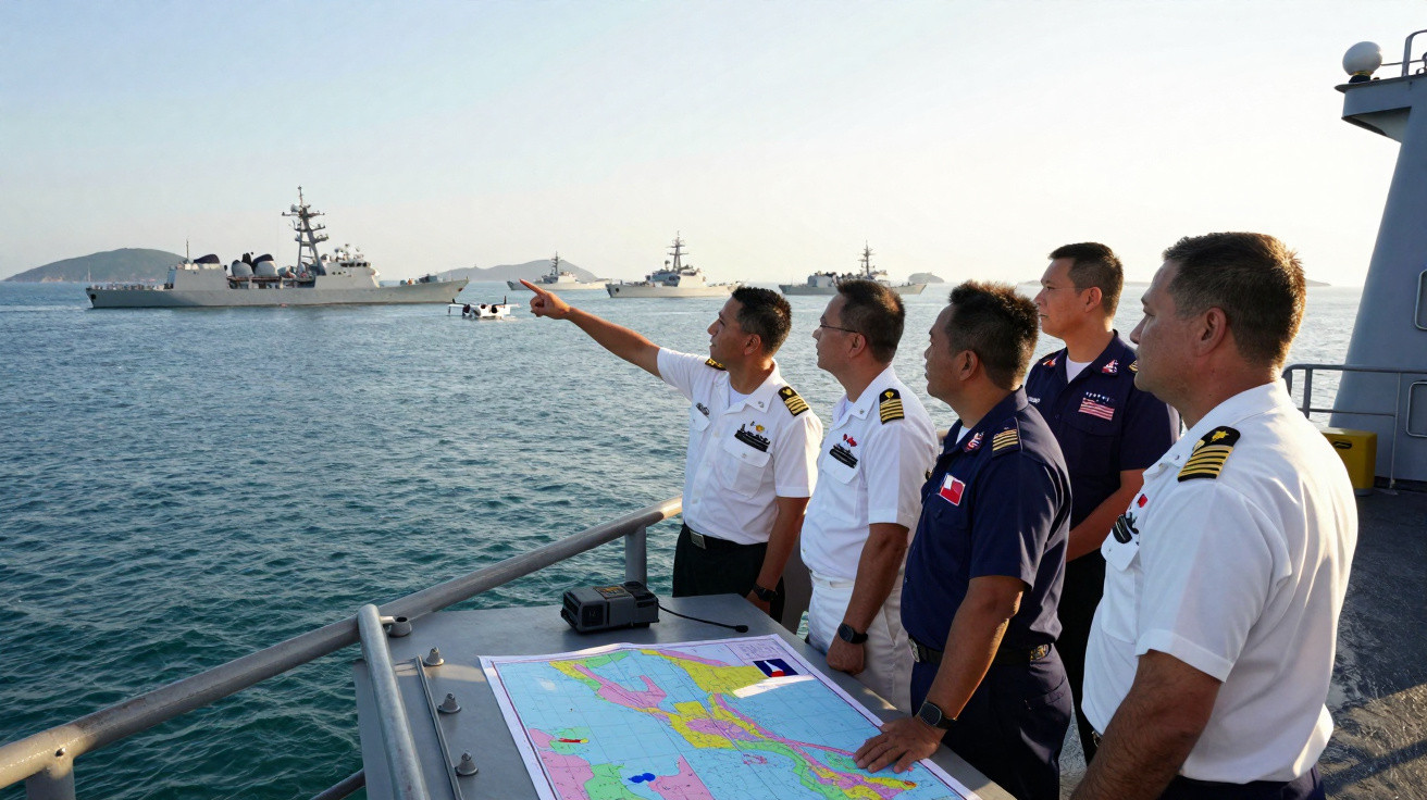 Cinco militares em uniforme observam navios de guerra no mar a partir de um convés com um mapa náutico.